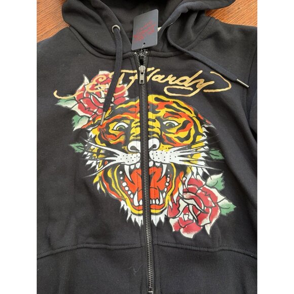 NWT ED HARDY Tiger Zip Up Crop Hoodie & Shorts Set in Black Size M - Picture 2 of 7